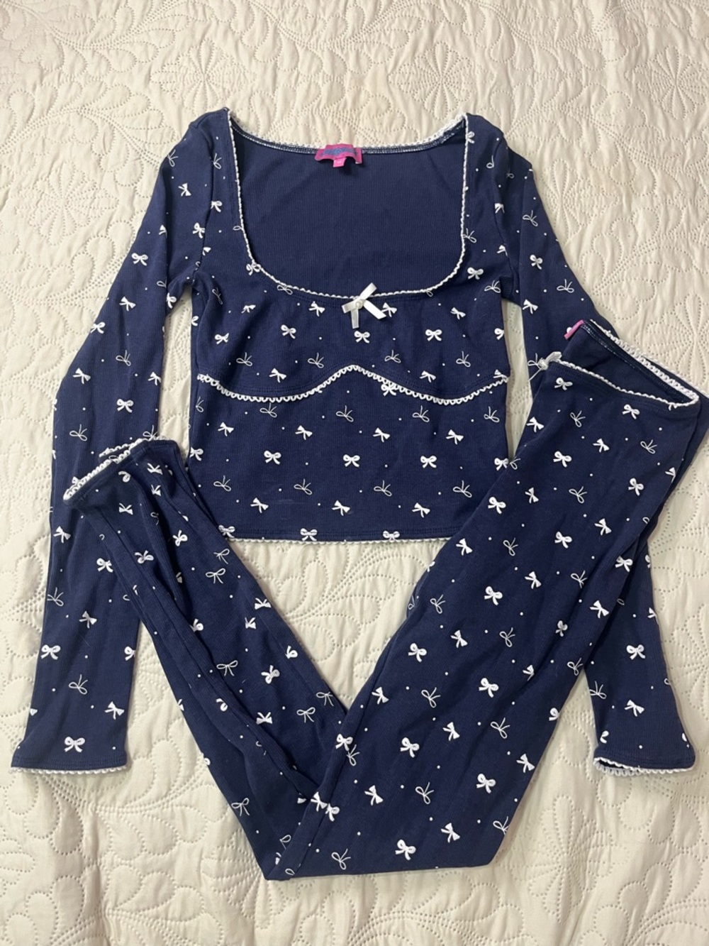 Edikted Bradley Navy  Bow Print Rib Long Sleeve And Pants Pajama Set